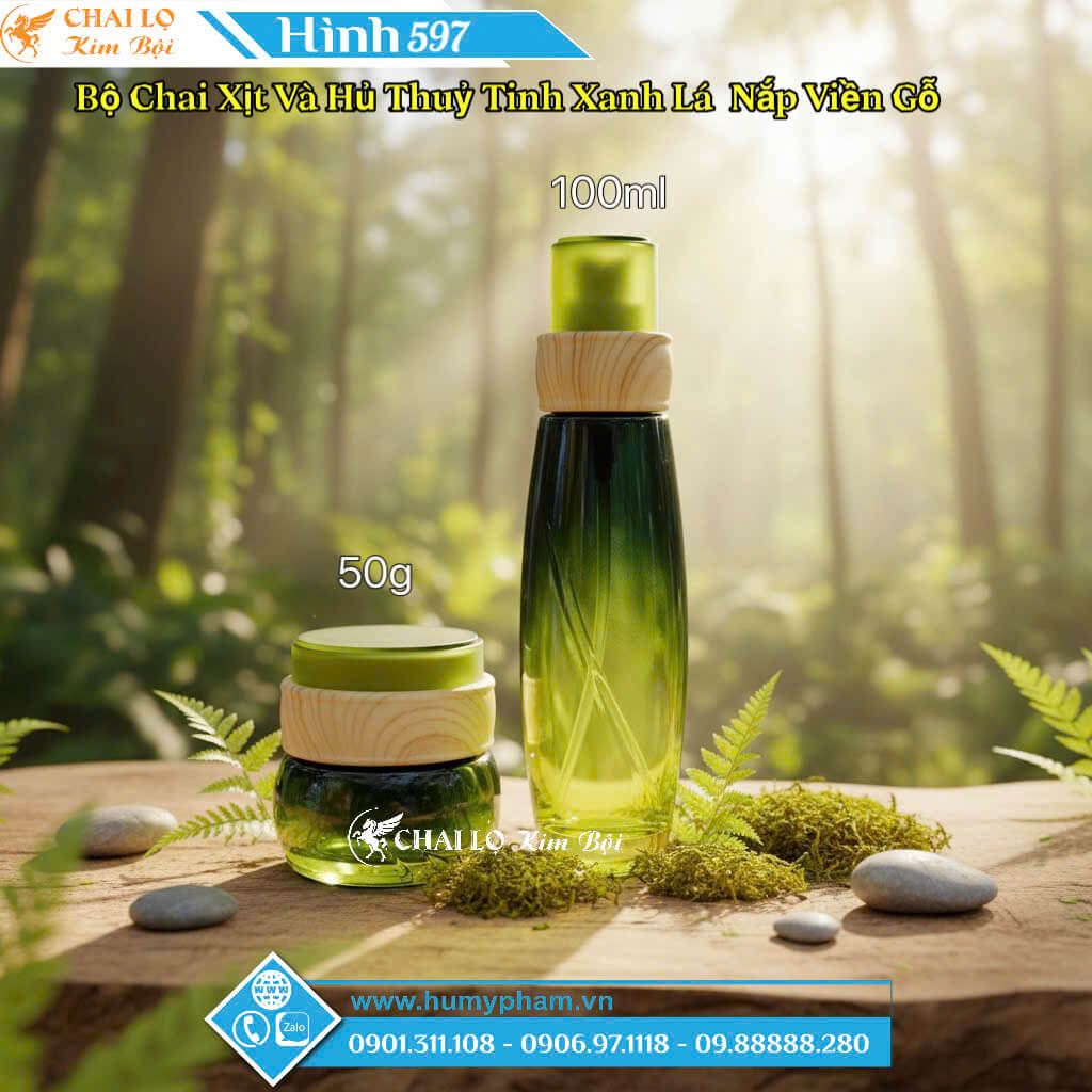 BỘ CHAI XỊT & HỦ THỦY TINH XANH LÁ NẮP VIỀN GỖ